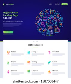 Website design, logo, header illustration and icons related to islamic pilgrimage, hajj & umrah. Landing page graphical user interface. Clean home page template & vector graphic element set.  (EPS10)