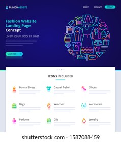 Website design, logo, header illustration and icons related to clothes and fashion accessories. Landing page graphical user interface. Clean home page template and vector graphic element set.  (EPS10)