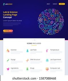 Website design, logo, header illustration and icons related to laboratory and science. Landing page graphical user interface. Clean home page template and vector graphic element set.  (EPS10)