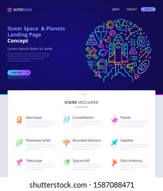 Website design, logo, header illustration and icons related to outer space exploration. Landing page graphical user interface. Clean home page template and vector graphic element set.  (EPS10)