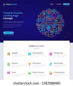 Website design, logo, header illustration and icons related to travel & tourism. Landing page graphical user interface. Clean home page template and vector graphic element set.  (EPS10)
