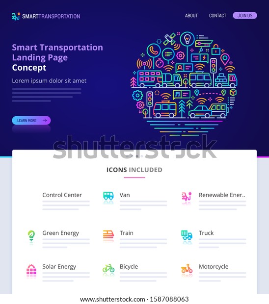 Website design, logo, header illustration and\
icons related to smart transportation. Landing page graphical user\
interface. Clean home page template and vector graphic element set.\
(EPS10)