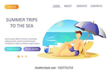 Website design with a man resting on the seashore. Vector illustration for beach holidays, summer holidays and holidays.