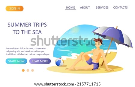 Website design with a man resting on the seashore. Vector illustration for beach holidays, summer holidays and holidays.