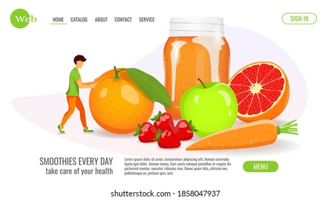 Website design. Man rolling an orange, smoothies with fruits and berries. Fresh fruits, Natural food, Detox, Healthy eating, Vegan concept. Vector illustration.