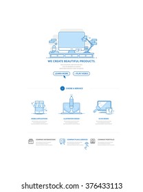 Website design model templates with navigation menu and icons set.