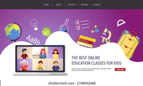 Website design for Online Education, Distance learning, Communication, Teaching, Study, School. Teacher and kids studying by internet. Vector illustration for poster, banner, presentation, flyer.