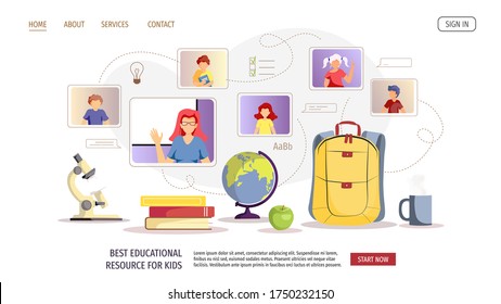 Website design for Online Education, Distance learning, Communication, Teaching, Study, School. Teacher and kids studying by internet. Vector illustration for poster, banner, presentation, flyer.