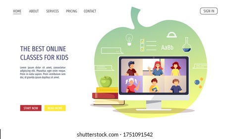 Website Design For Online Education, Distance Learning, Communication, Teaching, Study, School. Teacher And Kids Studying By Internet. Vector Illustration For Poster, Banner, Presentation, Flyer.