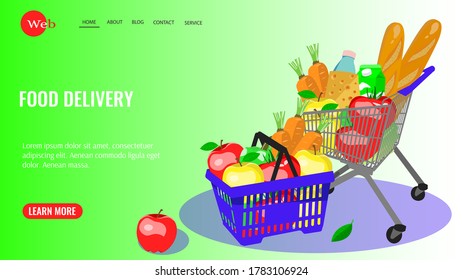 Website design for online grocery store. Grocery basket and trolley full of food. Grocery store, supermarket, food delivery, online shopping concept. Vector illustration. 