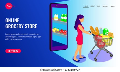 Website design for online grocery store. Girl with a grocery trolley full of food comes out of the phone. Grocery store, supermarket, food delivery, online shopping concept. Vector illustration.