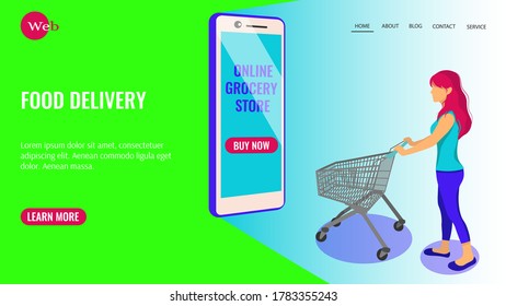 Website design for online grocery store. Girl with a grocery trolley entering the phone for groceries. Grocery store, supermarket, food delivery, online shopping concept. Vector illustration. 