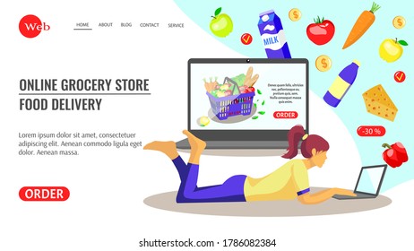 Diseño de sitios web para tienda de comestibles en línea. Muchacha con laptop pidiendo comida en línea. Tienda de comestibles, supermercado, entrega de comida, concepto de compras en línea. Ilustración vectorial.