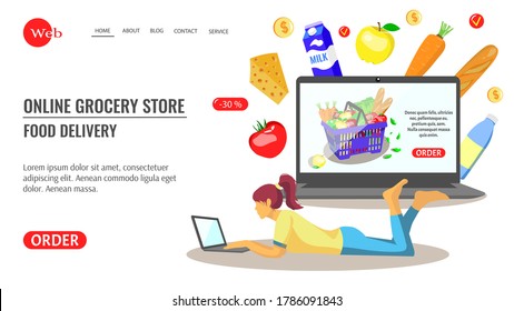 Diseño de sitios web para tienda de comestibles en línea. Muchacha con laptop pidiendo comida en línea. Tienda de comestibles, supermercado, entrega de comida, concepto de compras en línea. Ilustración vectorial.