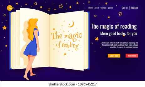 Website design for online learning, library, book store. The magic of reading. Woman reading a book. Vector illustration for poster, banner, website development.
