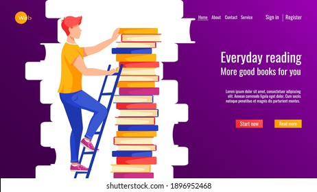 Website-Design für Online-Lernen, Bibliothek, Buchladen. Mann auf der Leiter, der ein Buch nimmt.  Vektorgrafik für Poster, Banner, Website-Entwicklung.