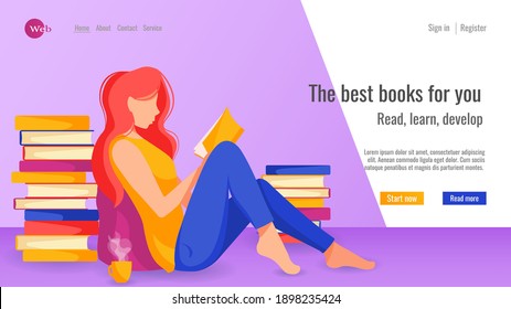 Diseño de sitios web para aprendizaje en línea, biblioteca, tienda de libros. Mujer sentada en el suelo leyendo un libro. Ilustración vectorial para afiches, banner, desarrollo de sitios web.