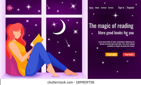 Website design for online learning, library, book store. Woman seating on the windowsill and reading book. Night sky with stars background. Vector illustration for poster, banner, website development.