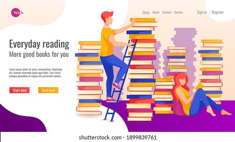 Website design for online learning, library, book store. Man on the ladder taking a book, woman seating on the floor and reading. Vector illustration for poster, banner, website development.