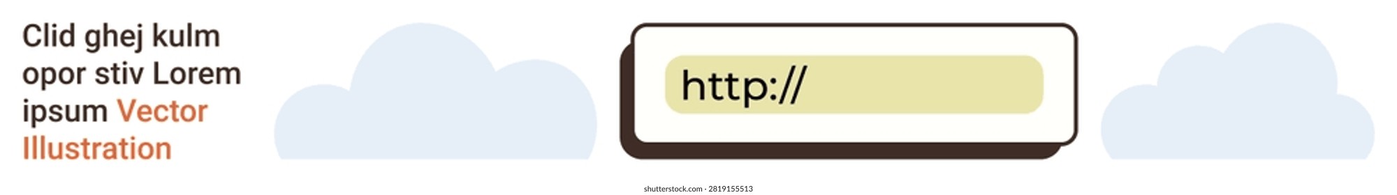 Website design, online search, technology, user interface, internet navigation, cloud computing. A search bar with http placeholder text and cloud shapes. Website design and online search concept