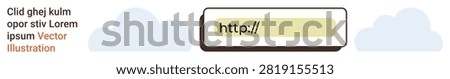 Website design, online search, technology, user interface, internet navigation, cloud computing. A search bar with http placeholder text and cloud shapes. Website design and online search concept