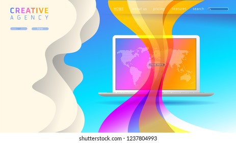 Website design page. Creative Agency. Vector illustration template for website and mobile website design and development. Creative concept, easy to edit and customize. Realistic draw of laptop.