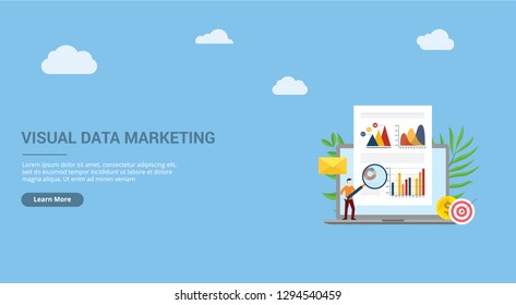 website design page template landing ui visual data marketing concept with business man people with magnifying glass analyze data graph and chart finance on paper document - vector illustration