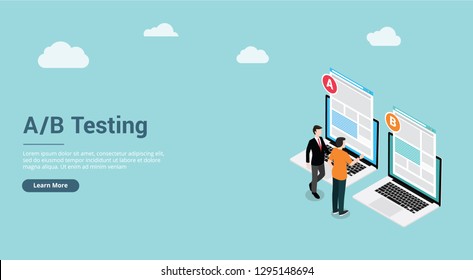 website design page template landing ui ab a b split testing concept with two business men compare test result between 2 page of website design comparison - vector illustration