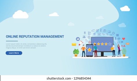 website design page template landing ui online reputation management team working together for customer review rating star with people work together to manage - vector illustration