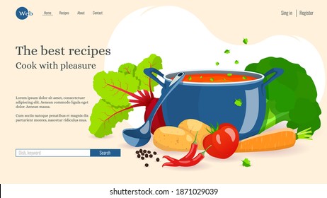 Website design, Pan with soup, Ladle and vegetables. Recipes, homemade food, food preparation concept. Vector illustration for poster, banner, website development.