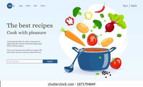 Website design, Pan with soup, Ladle and vegetables. Recipes, homemade food, food preparation concept. Vector illustration for poster, banner, website development.