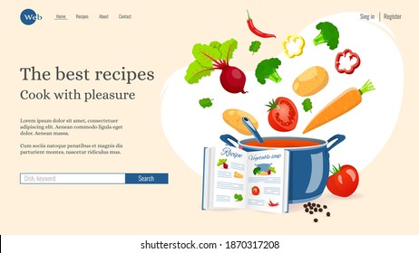 Website design, Pan with soup, Vegetables and Recipe book. Recipes, homemade food, food preparation concept. Vector illustration for poster, banner, website development.