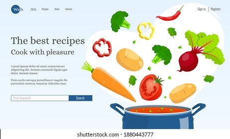 Diseño del sitio web, Pan con sopa y Verduras volando. Recetas, comida casera, concepto de preparación de alimentos. Ilustración vectorial para afiches, banner, desarrollo de sitios web.