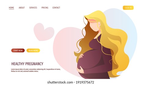 Website design with Pregnant woman. Medical appointment, planning, Pregnancy concept. Vector illustration for advertising, banner, website.