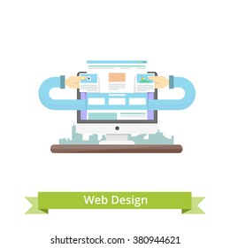 Website Design process with monitor and hands. Website Design, coding, programming process. Responsive 