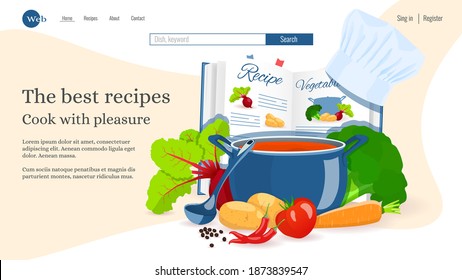 Website design, Recipe book, Pan with soup, Vegetables . Recipes, homemade food, food preparation, learning concept. Vector illustration for poster, banner, website development.