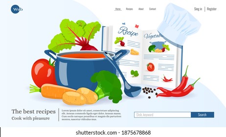 Diseño de sitios web, libro de recetas, Pan con sopa, Verduras. Recetas, comida casera, preparación de alimentos, concepto de aprendizaje. Ilustración vectorial para afiches, banner, desarrollo de sitios web.