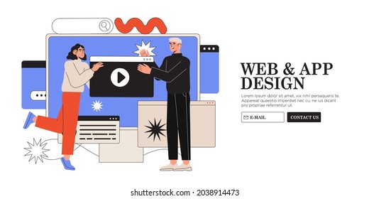 Website design or redesign banner, landing page, advertisement. Designers working on ui ux design or mobile application. Studio or agency prototyping or coding web page or mobile app. Cms development.