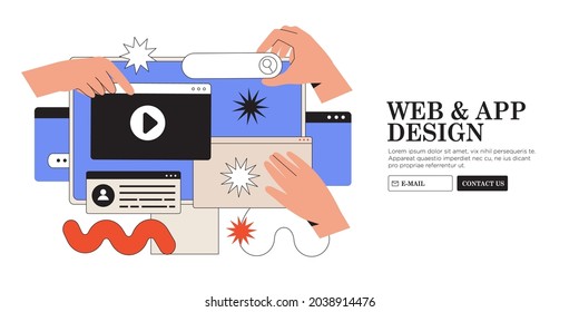 Website design or redesign banner, landing page, advertisement. Designers working on ui ux design or mobile application. Studio or agency prototyping or coding web page or mobile app. Cms development.