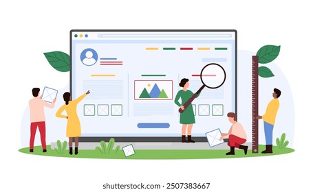 Website-Design oder Redesign-Prozess, kreative Interface-Erstellung. Winzige Menschen arbeiten mit Lupe und Lineal zu recherchieren und bauen Web-Seite Wireframe in Editor Cartoon Vektorgrafik