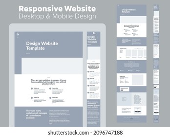 Website design. Responsive desktop and mobile wireframe. Landing page template.