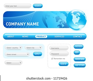 Website design set. Consist of: menu, bar, header, buttons, checkbox, input text fields, drop down box.