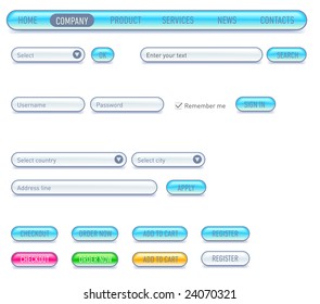 Website design set. Consist of: menu, bar, buttons, checkbox, input text fields, drop down box.