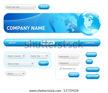 Website design set. Consist of: menu, bar, header, buttons, checkbox, input text fields, drop down box.