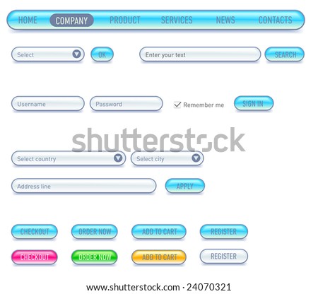 Website design set. Consist of: menu, bar, buttons, checkbox, input text fields, drop down box.