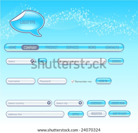 Website design set. Consist of: menu, bar, header, buttons, checkbox, input text fields, drop down box.