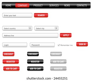 Website design set on a black. Consist of: menu, bar, buttons, checkbox, input text fields, drop down box.