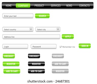 Website design set on a black. Consist of: menu, bar, buttons, checkbox, input text fields, drop down box.