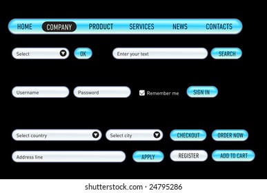 Website design set on a black. Consist of: menu, bar, buttons, checkbox, input text fields, drop down box.