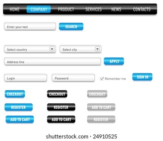 Website design set on a black. Consist of: menu, bar, buttons, checkbox, input text fields, drop down box.